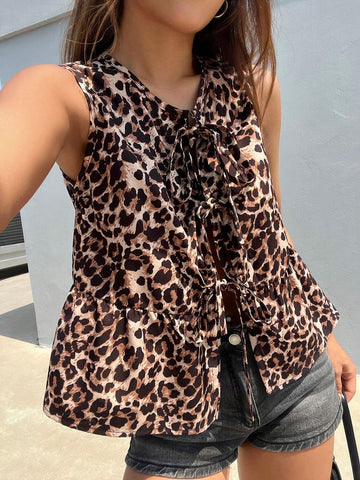 EZwear Ladies New Leopard Print Lace Up Ruffle Hem Baby Doll Top, Summer Sleeveless Shirt