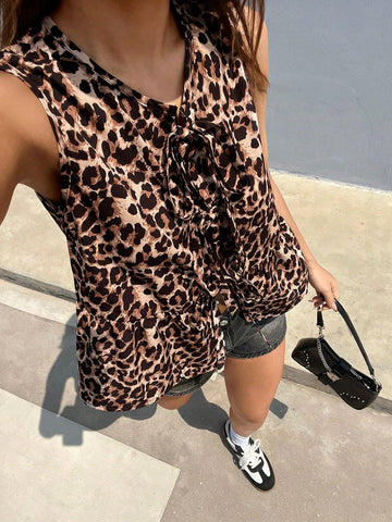 EZwear Ladies New Leopard Print Lace Up Ruffle Hem Baby Doll Top, Summer Sleeveless Shirt