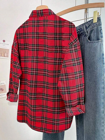 EZwear Ladies' Plaid Printed Collar Shirt With Pocket, Casual Long Sleeve