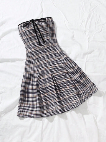Ladies Plaid Printed Strapless Simple Daily Dress
