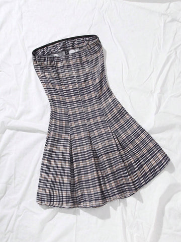 Ladies Plaid Printed Strapless Simple Daily Dress