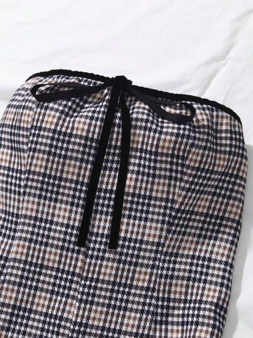 Ladies Plaid Printed Strapless Simple Daily Dress