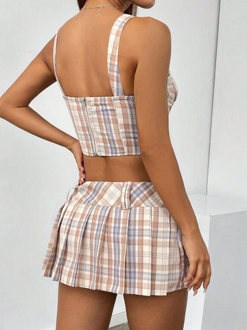 Ladies' Plaid & Printed Knotted Asymmetrical Hem Tank Top And Pleated Skirt, Summer Sexy 2pcs Outfit