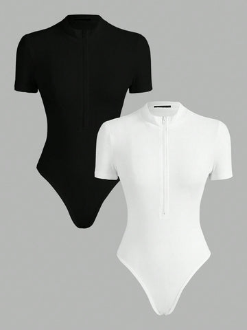 Ladies' Plain Color Zipper Closure Simple Summer Short Sleeve Bodysuit