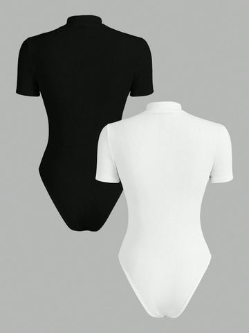 Ladies' Plain Color Zipper Closure Simple Summer Short Sleeve Bodysuit