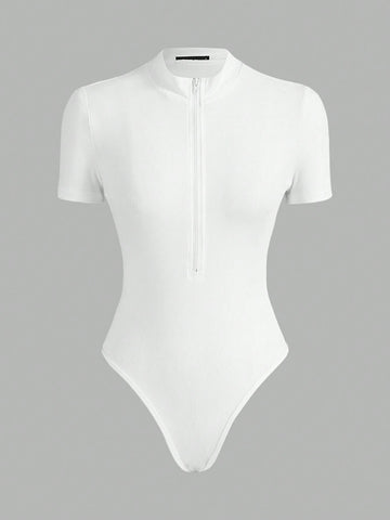 Ladies' Plain Color Zipper Closure Simple Summer Short Sleeve Bodysuit