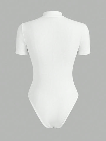 Ladies' Plain Color Zipper Closure Simple Summer Short Sleeve Bodysuit