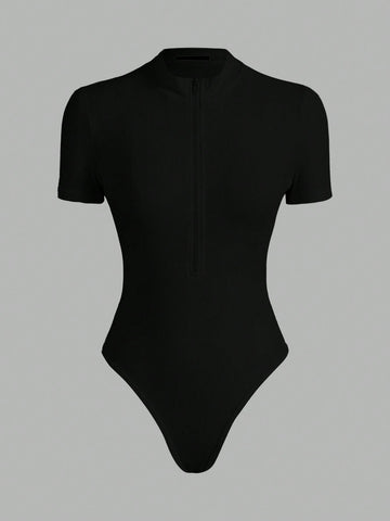 Ladies' Plain Color Zipper Closure Simple Summer Short Sleeve Bodysuit