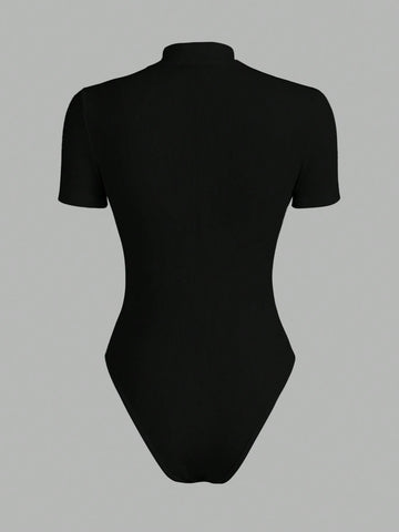 Ladies' Plain Color Zipper Closure Simple Summer Short Sleeve Bodysuit