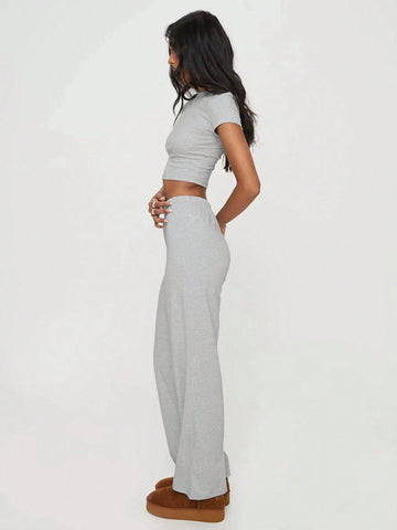 Ladies' Plain Minimalist Short Sleeve Top And Long Pants Two-Piece Set For Daily Wear