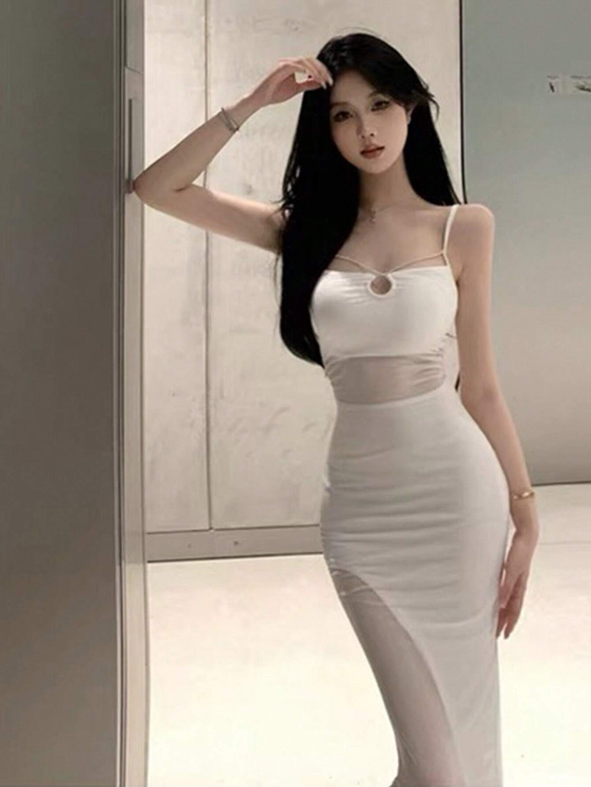 Ladies" Sexy Hollow Out Spaghetti Strap Maxi Dress With Mesh Patchwork