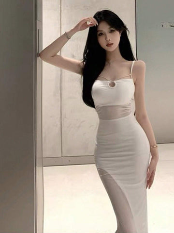 Ladies" Sexy Hollow Out Spaghetti Strap Maxi Dress With Mesh Patchwork