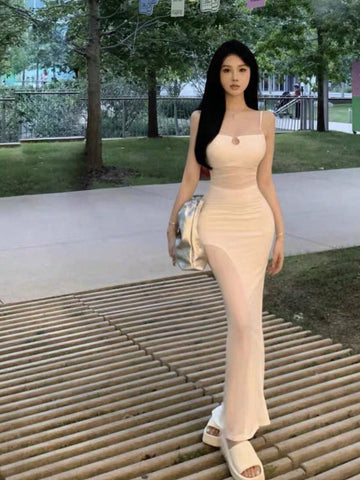 Ladies" Sexy Hollow Out Spaghetti Strap Maxi Dress With Mesh Patchwork