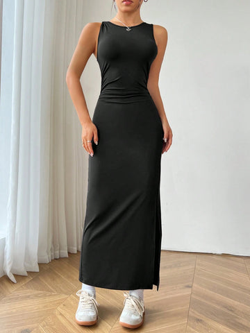 Ladies' Simple Solid Color Sleeveless Slit Maxi Dress