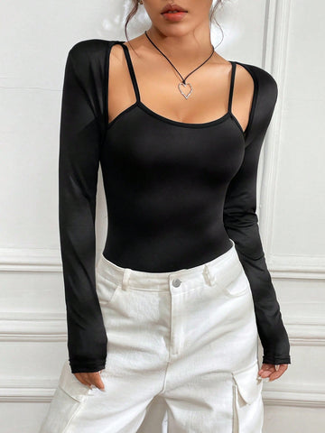 Ladies' Slim Fit Solid Color 2 In 1 Bodysuit