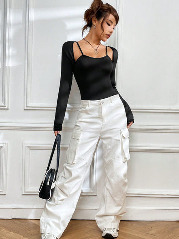 Ladies' Slim Fit Solid Color 2 In 1 Bodysuit