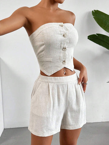 Ladies' Solid Color Asymmetric Hem Button-Down Strapless Top And Pocketed Shorts, 2pcs/Set, Summer Casual