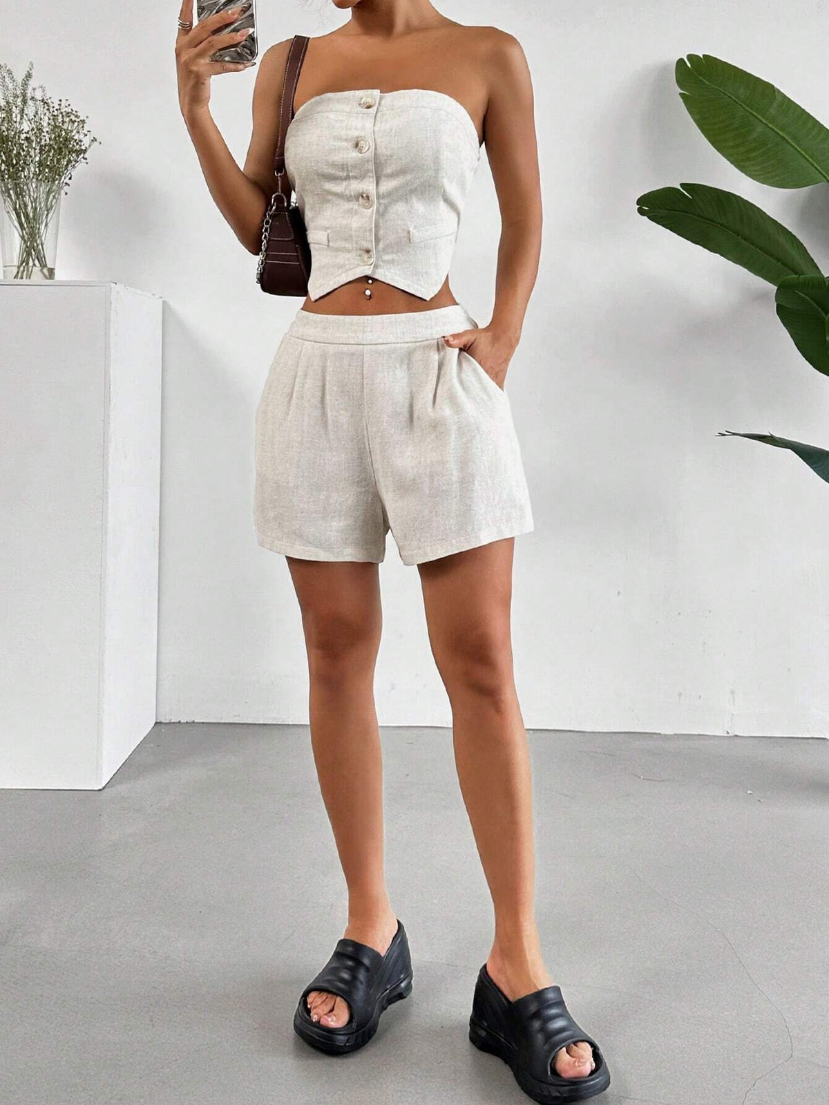 Ladies' Solid Color Asymmetric Hem Button-Down Strapless Top And Pocketed Shorts, 2pcs/Set, Summer Casual