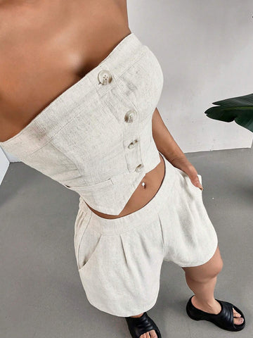 Ladies' Solid Color Asymmetric Hem Button-Down Strapless Top And Pocketed Shorts, 2pcs/Set, Summer Casual