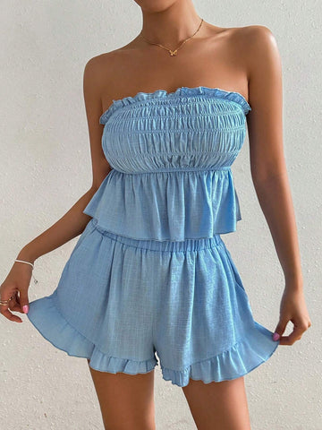 Ladies Solid Color Simple Style Daily Strapless Top And Shorts Two-Piece Set