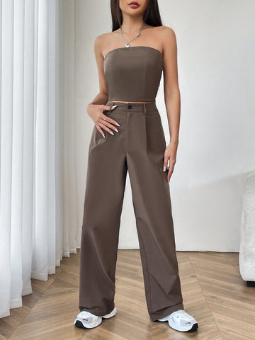 Ladies' Solid Color Strapless Top And Straight Leg Pants 2pcs Set