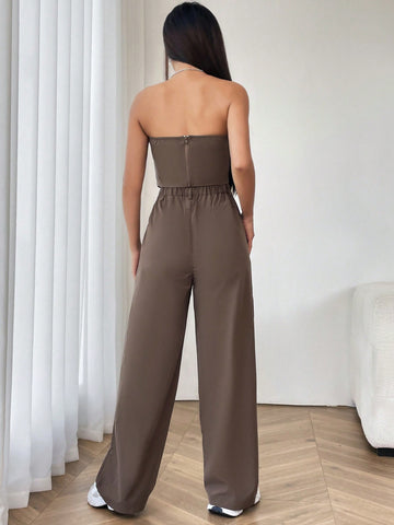 Ladies' Solid Color Strapless Top And Straight Leg Pants 2pcs Set