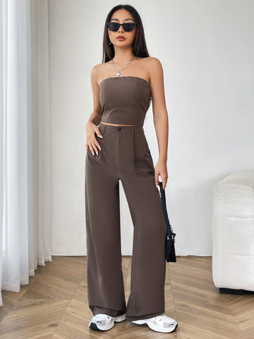 Ladies' Solid Color Strapless Top And Straight Leg Pants 2pcs Set