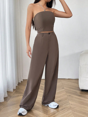 Ladies' Solid Color Strapless Top And Straight Leg Pants 2pcs Set