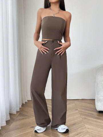 Ladies' Solid Color Strapless Top And Straight Leg Pants 2pcs Set