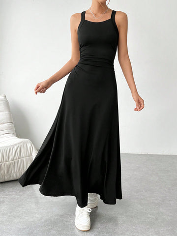 EZwear Ladies' Solid Color Swing Hem Spaghetti Strap Dress