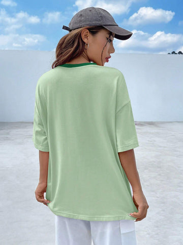 Ladies' Summer Color Block Loose Fit Round Neck T-Shirt With Drop Shoulder