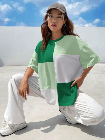 Ladies' Summer Color Block Loose Fit Round Neck T-Shirt With Drop Shoulder