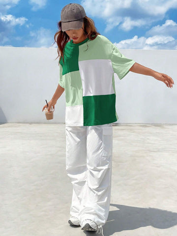 Ladies' Summer Color Block Loose Fit Round Neck T-Shirt With Drop Shoulder