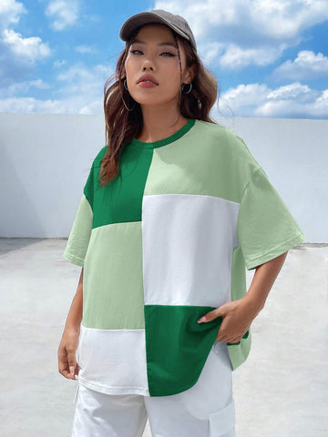 Ladies' Summer Color Block Loose Fit Round Neck T-Shirt With Drop Shoulder