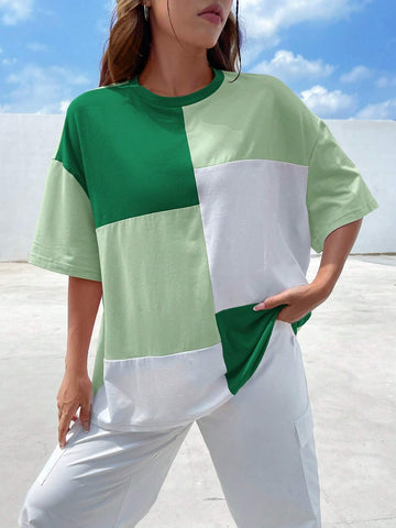 Ladies' Summer Color Block Loose Fit Round Neck T-Shirt With Drop Shoulder