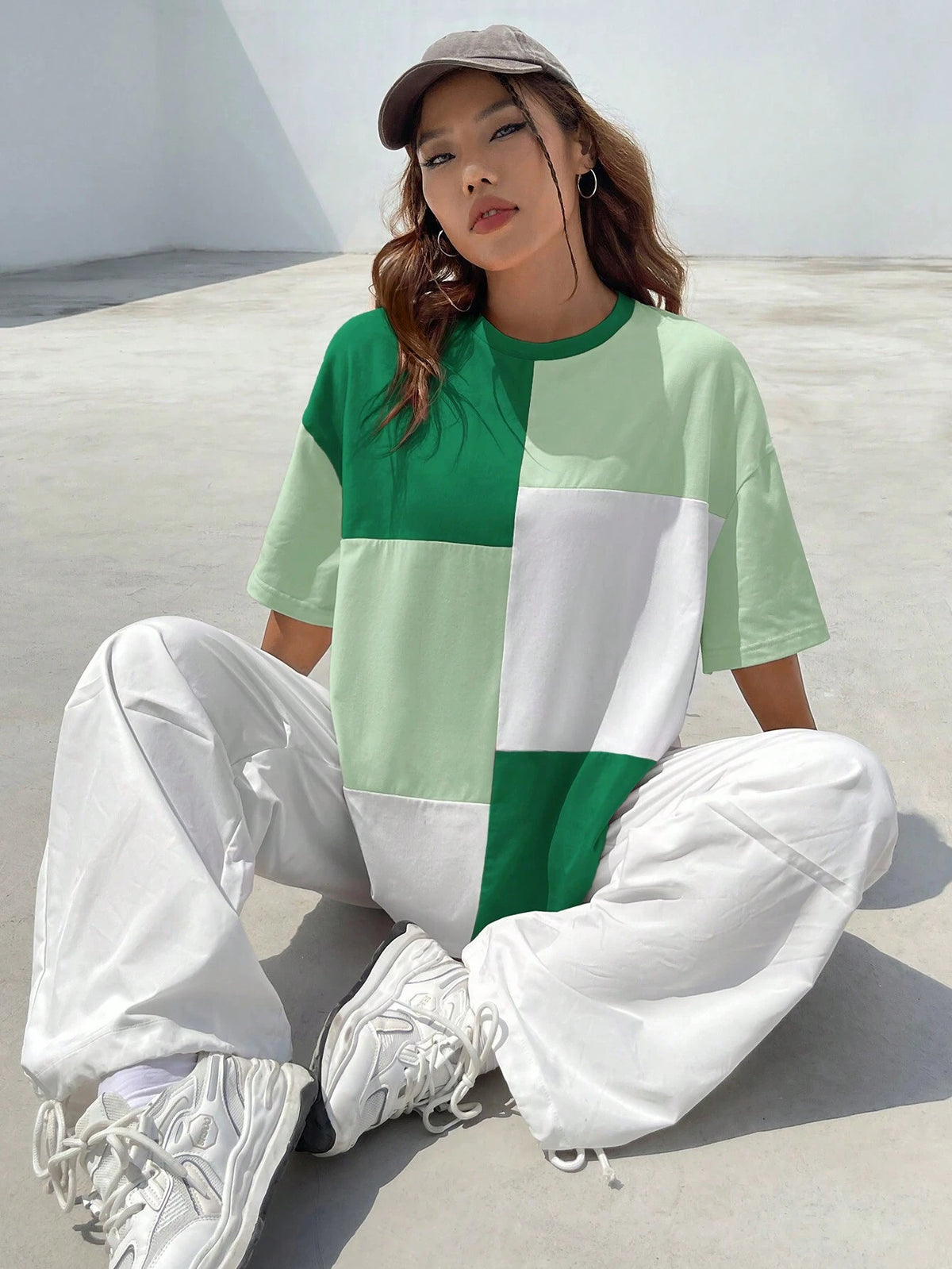 Ladies' Summer Color Block Loose Fit Round Neck T-Shirt With Drop Shoulder