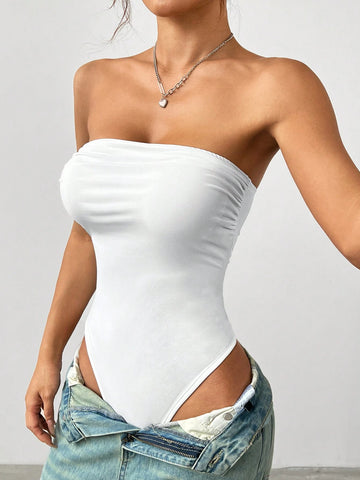 Ladies' Summer Solid Color Ruched Strapless Bodysuit