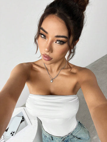 Ladies' Summer Solid Color Ruched Strapless Bodysuit