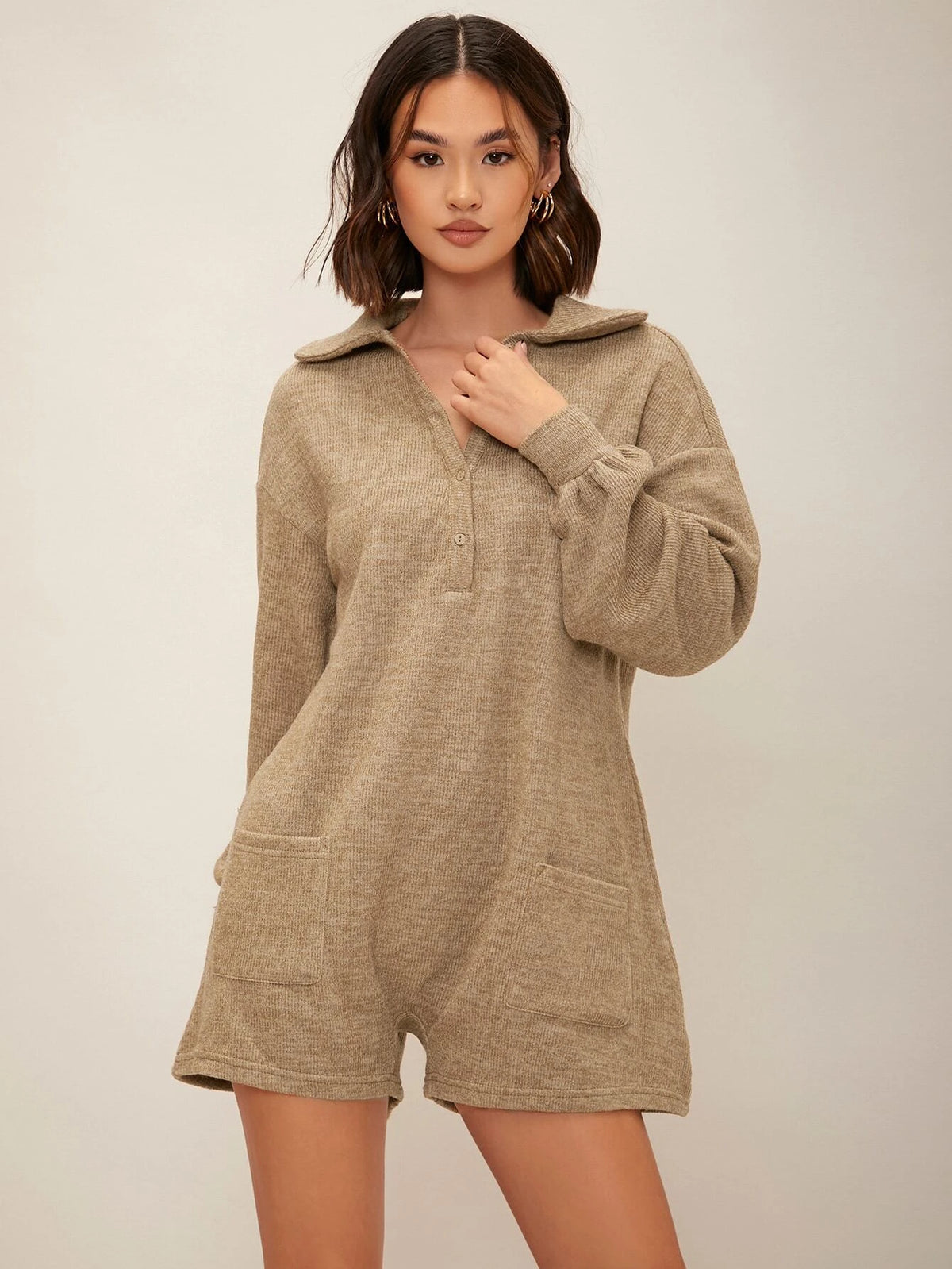 Lantern Sleeve Pocket Front Button Half Placket Romper