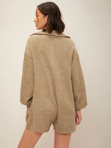 Lantern Sleeve Pocket Front Button Half Placket Romper