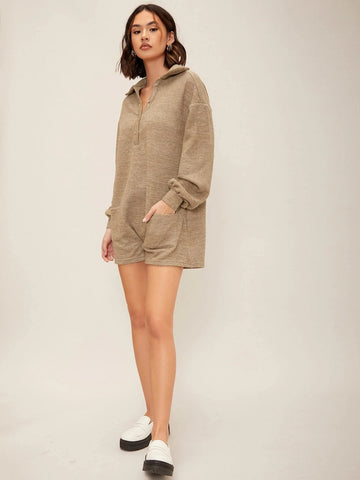 Lantern Sleeve Pocket Front Button Half Placket Romper