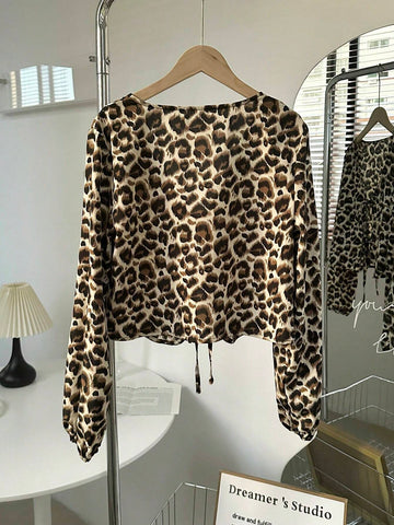 EZwear Leopard Print Bow-Tied Long Sleeve Shirt