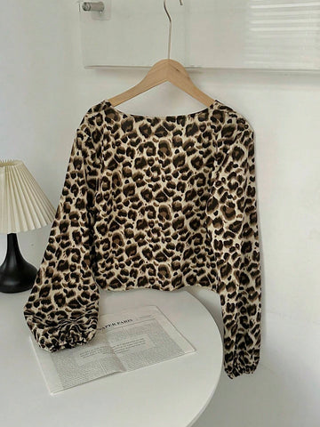 EZwear Leopard Print Bow-Tied Long Sleeve Shirt