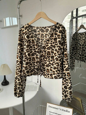 EZwear Leopard Print Bow-Tied Long Sleeve Shirt