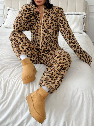 Leopard Print Furry Women's Autumn/Winter Long Sleeve Zipper Front Jumpsuit