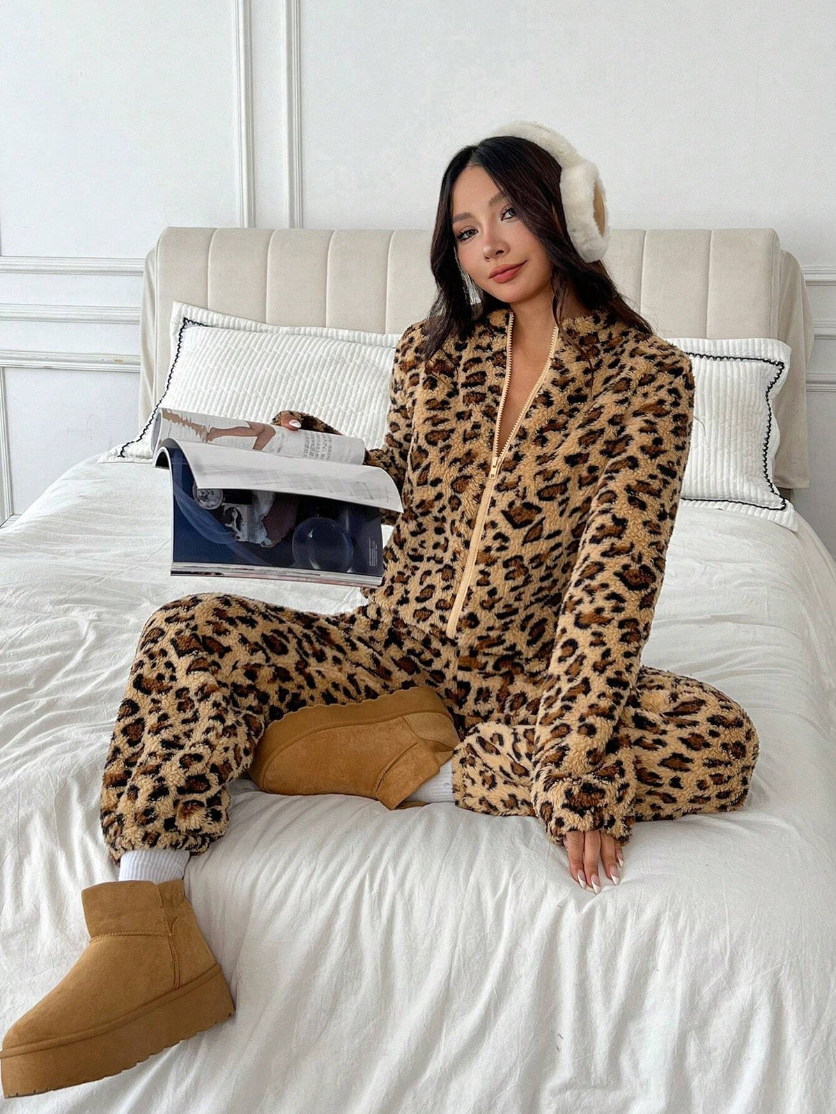 Leopard Print Furry Women's Autumn/Winter Long Sleeve Zipper Front Jumpsuit
