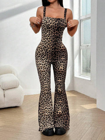 Leopard Print Knit Bodycon Jumpsuit For Women