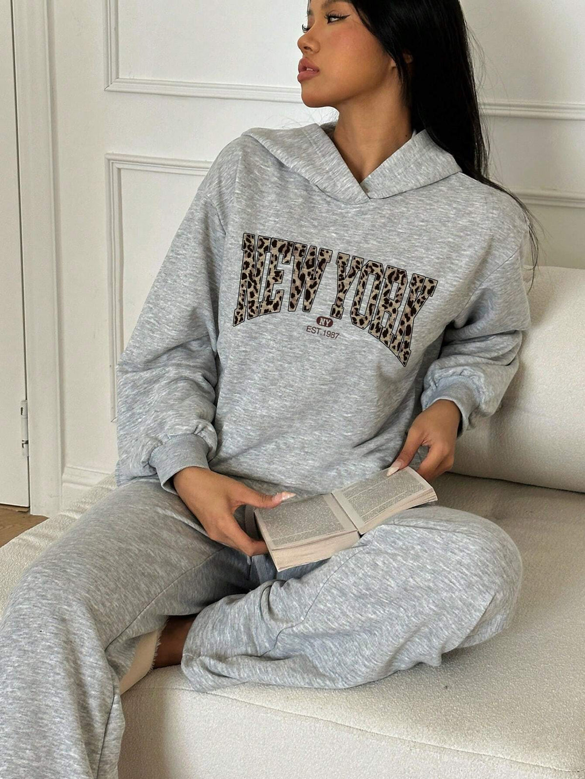 Leopard Print "New York" Graphic Casual Loose Hooded Sweatshirt & Pant Set For Women, Spring Autumn
