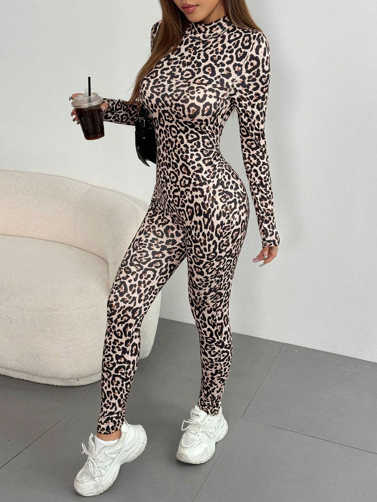 Leopard Print Stand Collar Long Sleeve Jumpsuit