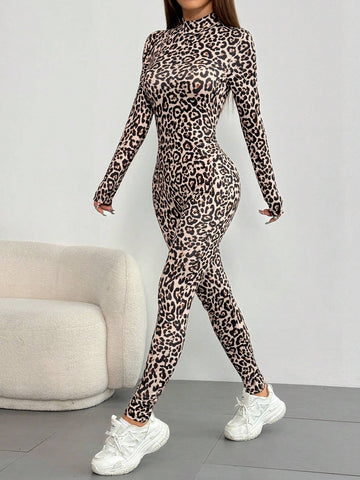 Leopard Print Stand Collar Long Sleeve Jumpsuit